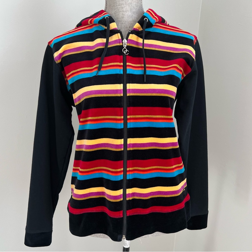 Oleg Cassini Sport Vintage Velvet Velour Hooded Striped Track Jacket Medium